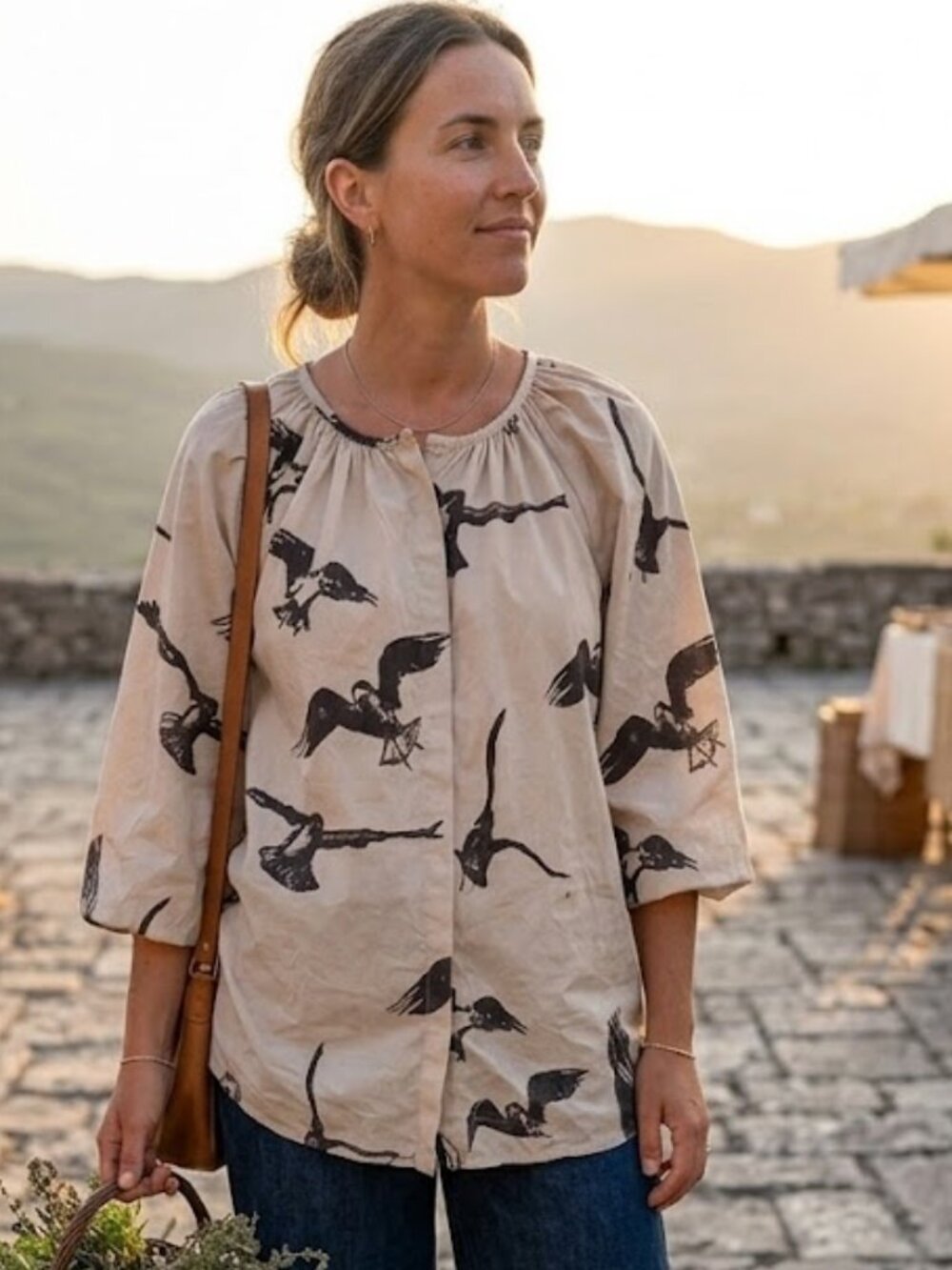 WHIT Flying Birds Print Silk Button Down Up 3/4 Sleeve Puff Shirt Blouse Top M